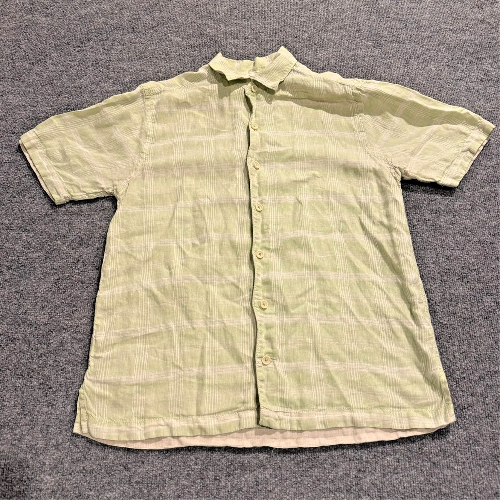 Tommy Bahama 100% Linen Widowpane Plaid Short Sleeve Shirt Mens Medium Green